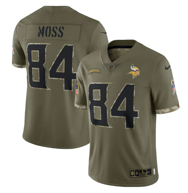 Men's Minnesota Vikings #84 Randy Moss Olive 2022 Salute To Service Limited Stitched Jersey